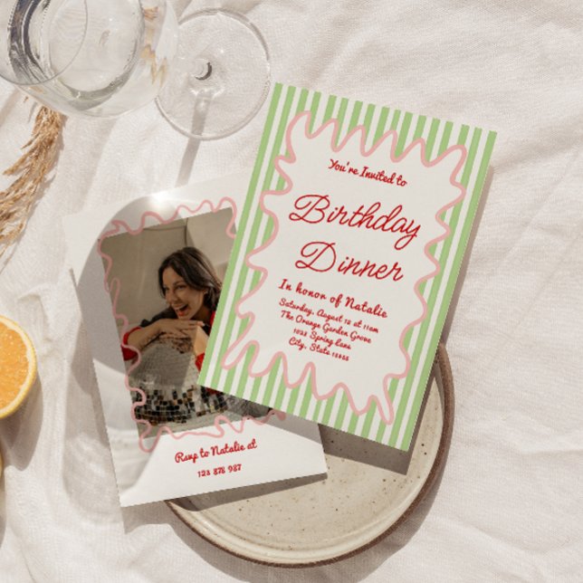 Hand Drawn Colorful Stripes Photo Birthday Dinner  Invitation (Creator Uploaded)