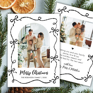 Hand Drawn Coquette Bow Arch Photo Merry Christmas Holiday Card