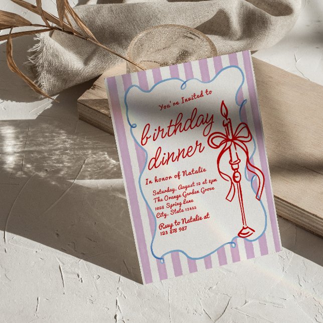 Hand Drawn Coquette Bow Candle Fun Birthday Dinner Invitation (Creator Uploaded)