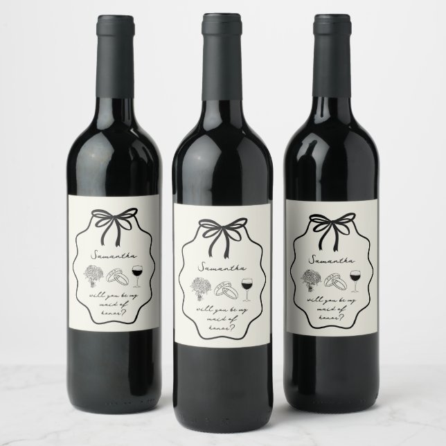 Hand Drawn Coquette Bow Maid of Honor Proposal Wine Label (Bottles)