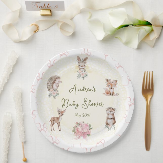 Hand Drawn Coquette Ribbon Woodland Baby Shower  Paper Plates (Wedding)
