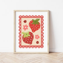 Hand-Drawn Coquette Strawberry Postage Stamp Art