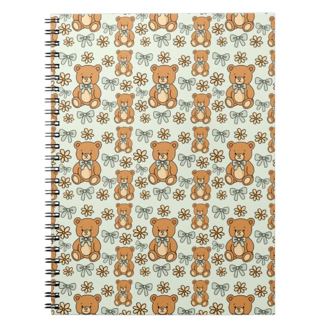 Hand-Drawn Coquette Teddy Bears Seamless Pattern Notebook (Front)
