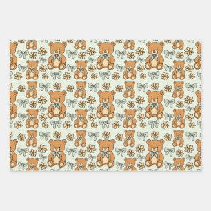 Hand-Drawn Coquette Teddy Bears Seamless Pattern Wrapping Paper Sheets