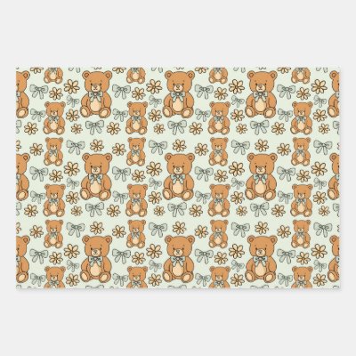 Hand-Drawn Coquette Teddy Bears Seamless Pattern Wrapping Paper Sheets