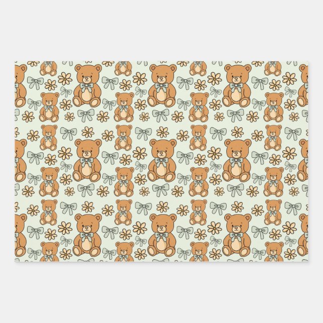 Hand-Drawn Coquette Teddy Bears Seamless Pattern Wrapping Paper Sheets (Front)