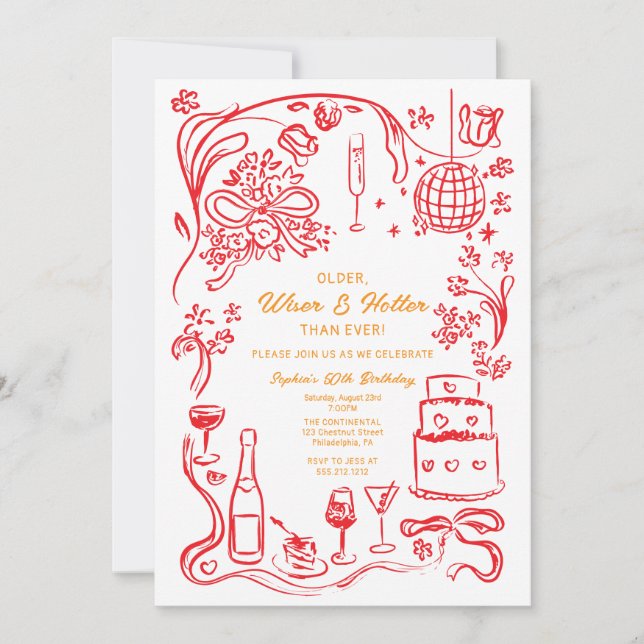 Hand Drawn Coquette Wiser and Hotter Birthday Invitation (Front)