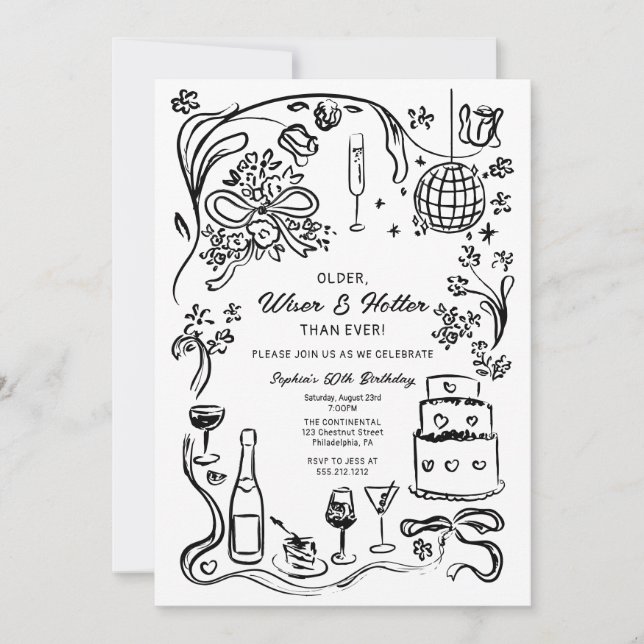 Hand Drawn Coquette Wiser and Hotter Birthday Invitation (Front)