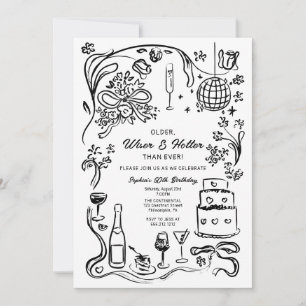 Hand Drawn Coquette Wiser and Hotter Birthday Invitation