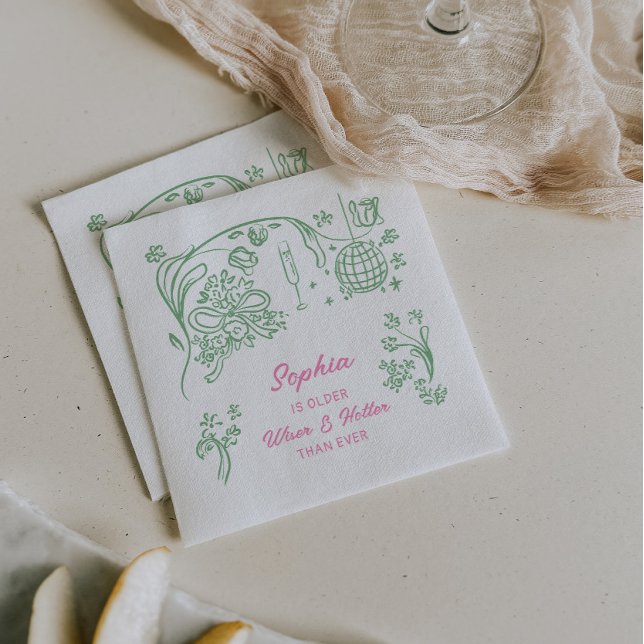 Hand Drawn Coquette Wiser and Hotter Birthday Napkins (Creator Uploaded)