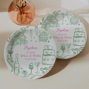 Hand Drawn Coquette Wiser and Hotter Birthday Paper Plates
