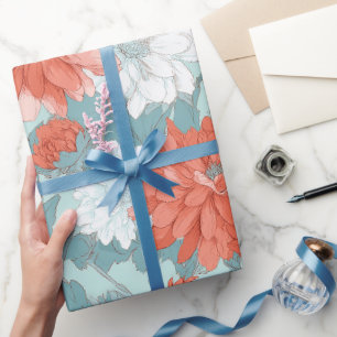 Hand Drawn Coral Flower Mint Floral Pattern Wrapping Paper