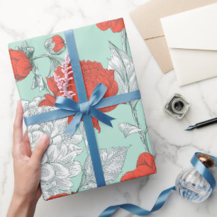 Hand Drawn Coral Flower Mint Floral Pattern Wrapping Paper