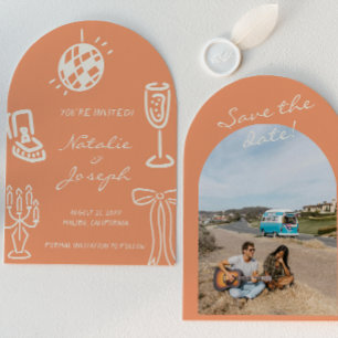 Hand Drawn Coral Romantic Photo Arched Wedding Save The Date