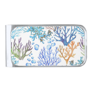 Hand-drawn corals: underwater sea pattern. silver finish money clip