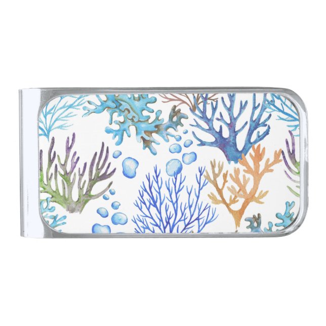 Hand-drawn corals: underwater sea pattern. silver finish money clip (Front)