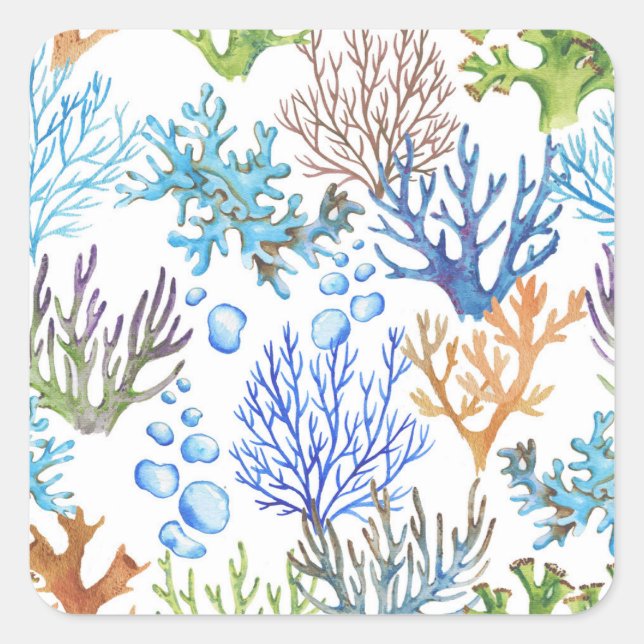 Hand-drawn corals: underwater sea pattern. square sticker (Front)