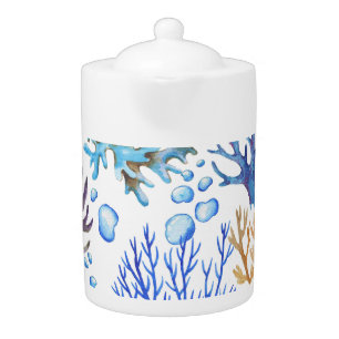 Hand-drawn corals: underwater sea pattern. teapot