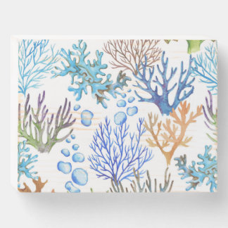Hand-drawn corals: underwater sea pattern. wooden box sign