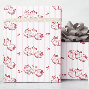Hand Drawn Cottagecore Pink Stripe Strawberry Wrapping Paper