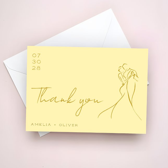 Hand Drawn Couple Butter yellow Modern Wedding Thank You Card (Creator Uploaded)