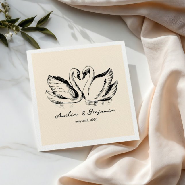hand drawn Couple Swan Whimsical Wedding Napkins (Creator Uploaded)