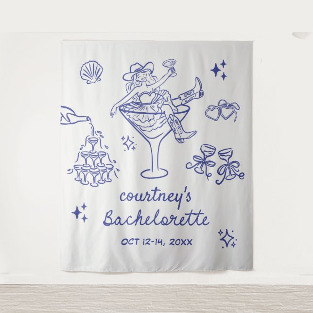 Hand Drawn Cowgirl Bachelorette Weekend Tapestry (Front)
