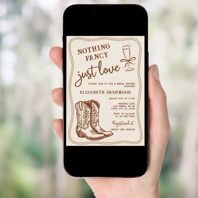 Hand Drawn Cowgirl Boots Just Love Bridal Shower Invitation (Front Digital)