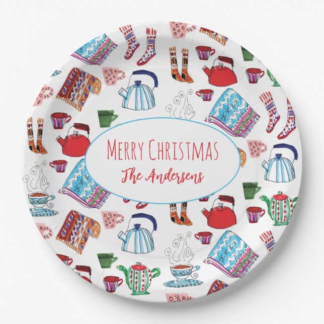 Hand-Drawn Cozy Christmas Personalized Retro   Paper Plates (Front)