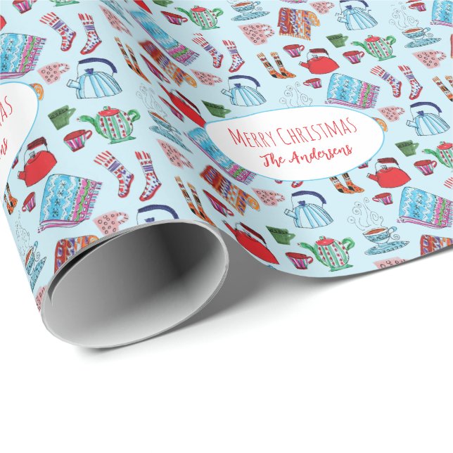 Hand-Drawn Cozy Christmas Personalized Scandi Blue Wrapping Paper (Roll Corner)
