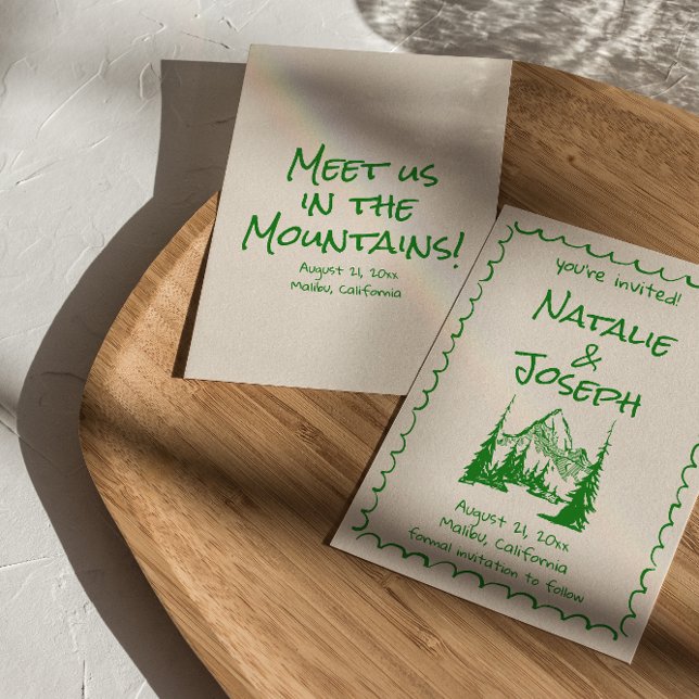 Hand Drawn Cream Green Boho  Mountain Wedding   Save The Date (Creator Uploaded)