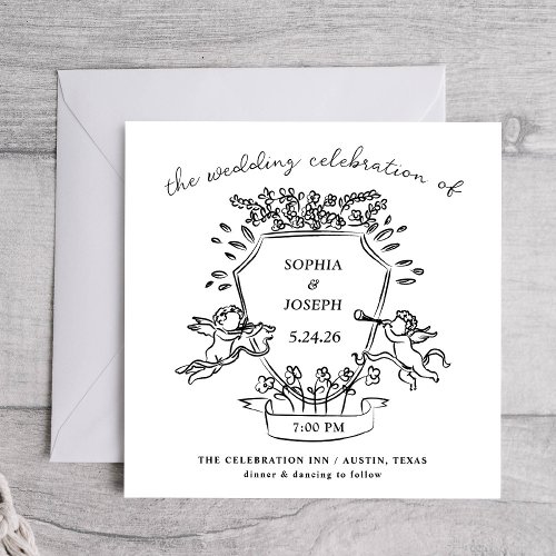 Hand Drawn Crest with Cherubs and Ribbon  Wedding Invitation