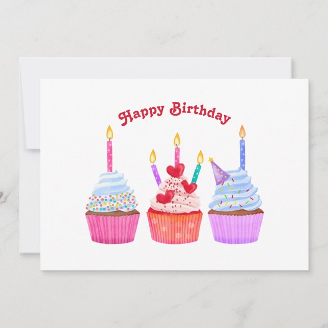 Hand drawn cupcakes candlelights birthday holiday card (Front)