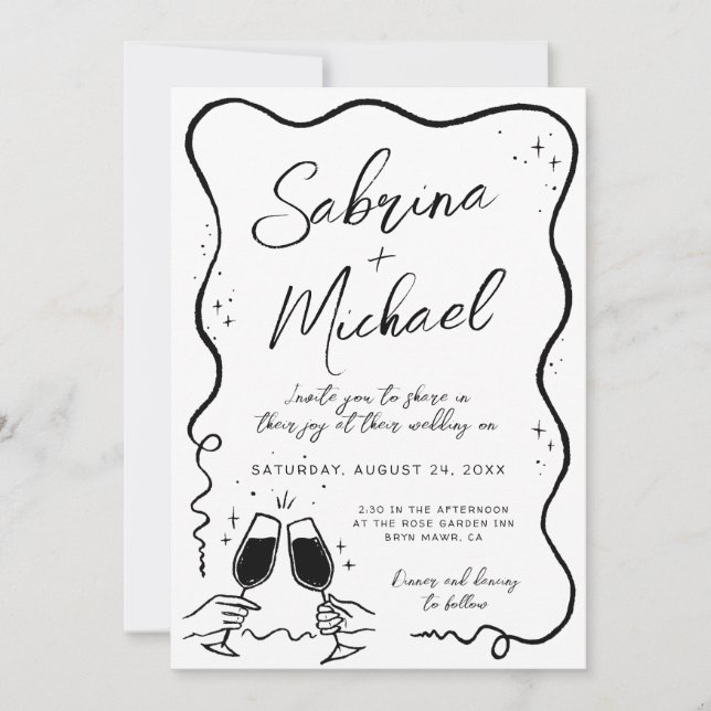 Hand Drawn Curvy Whimsical Black and White Wedding Invitation (Front)