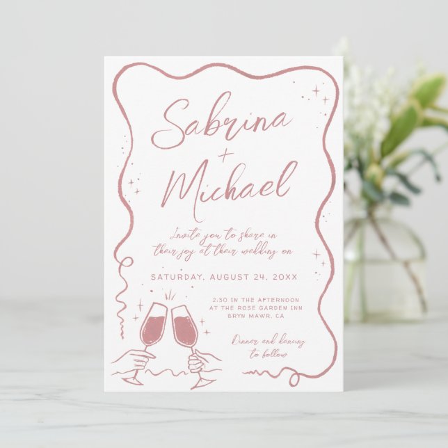 Hand Drawn Curvy Whimsical Dusty Pink Wedding Invitation (Standing Front)