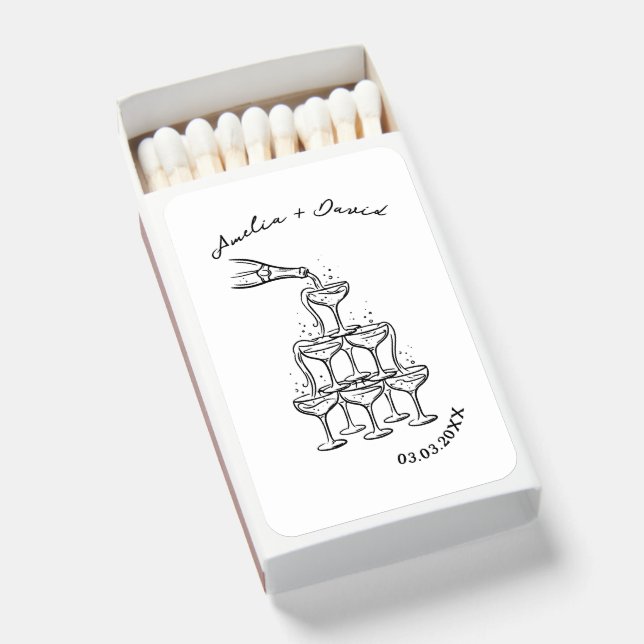 hand drawn Custom Champagne Tower Cocktail Wedding Matchboxes (Front Open)