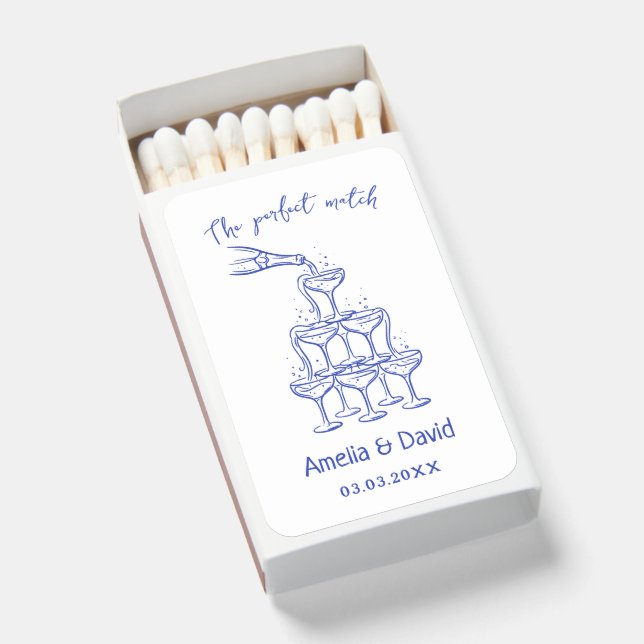 hand drawn Custom Champagne Tower Cocktail Wedding Matchboxes (Front Open)