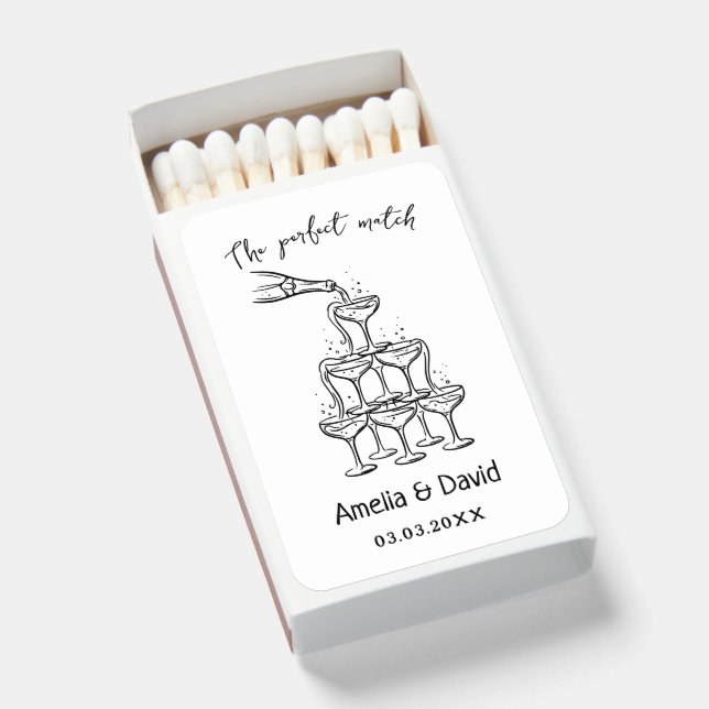 hand drawn Custom Champagne Tower Cocktail Wedding Matchboxes (Front Open)