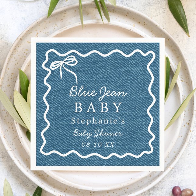 Hand Drawn Cute Bow Squiggle Blue Jean Baby Shower Napkins (Creator Uploaded)