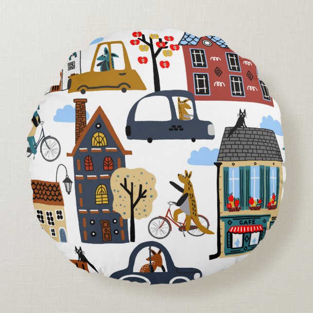 Hand drawn cute cartoon seamless pattern illustrat round pillow (Front)