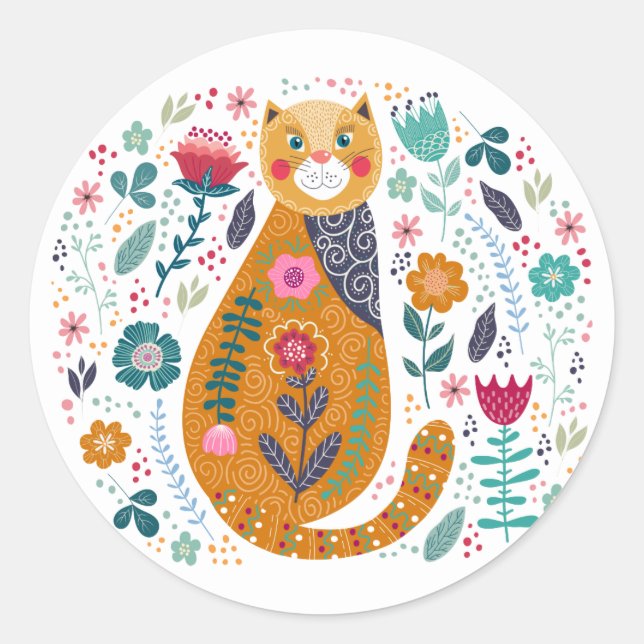 Hand drawn cute cat floral background classic round sticker (Front)
