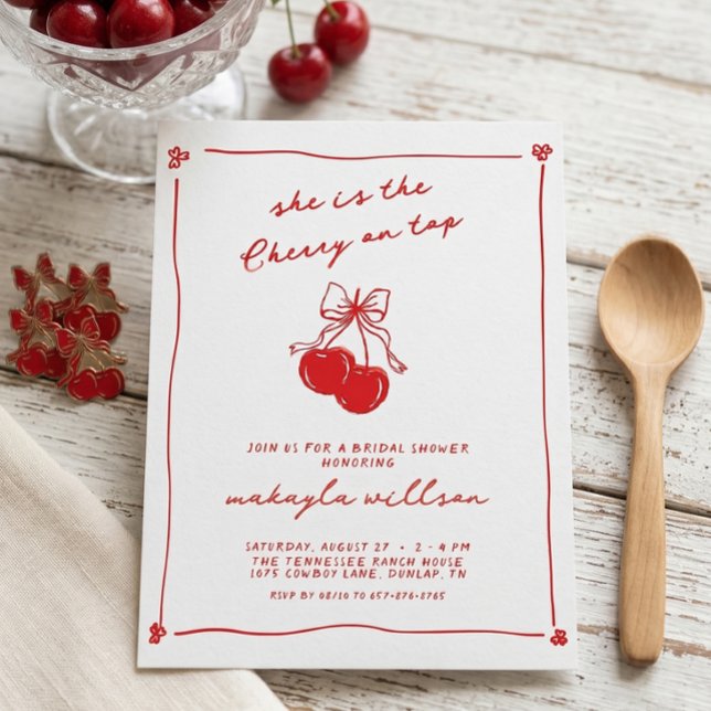 Hand Drawn Cute Cherry On Top Red Bridal Shower  Invitation (Creator Uploaded)