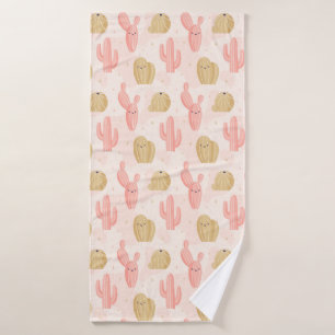 hand drawn cute pink cactus bath towel set