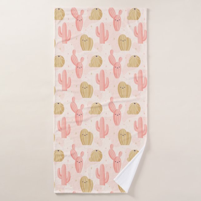 hand drawn  cute pink cactus bath towel set (Bath Towel)