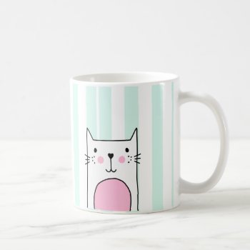 Hand Drawn Cute Pink Cat Coffee Mug - Blue Stripe by coffeecatdesigns at Zazzle