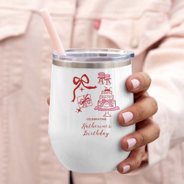 Hand Drawn Cute Pink Red Birthday Doodles Party Thermal Wine Tumbler (Creator Uploaded)