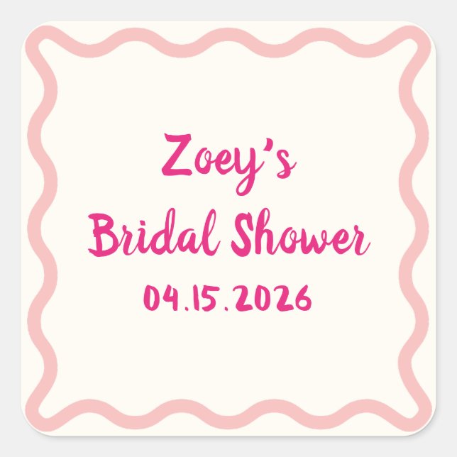 Hand Drawn Cute Pink Wavy Border Bridal Shower Square Sticker (Front)