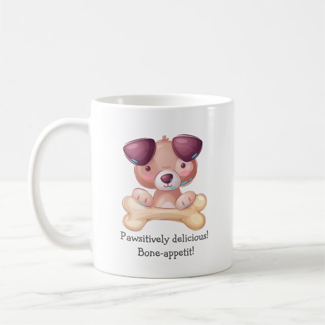 Hand drawn, Cute Puppy Dog with Bone Coffee Mug (Left)