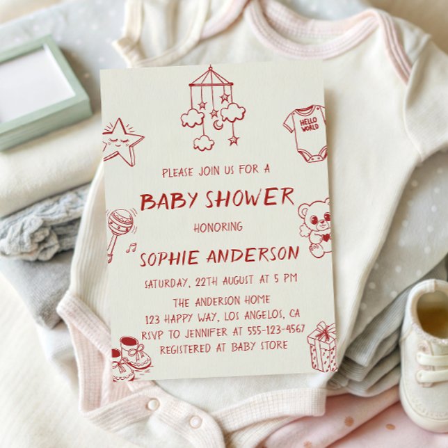 Hand Drawn Cute Red Doodle Baby Shower Invitation (Creator Uploaded)
