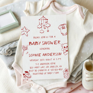 Hand Drawn Cute Red Doodle Baby Shower Invitation